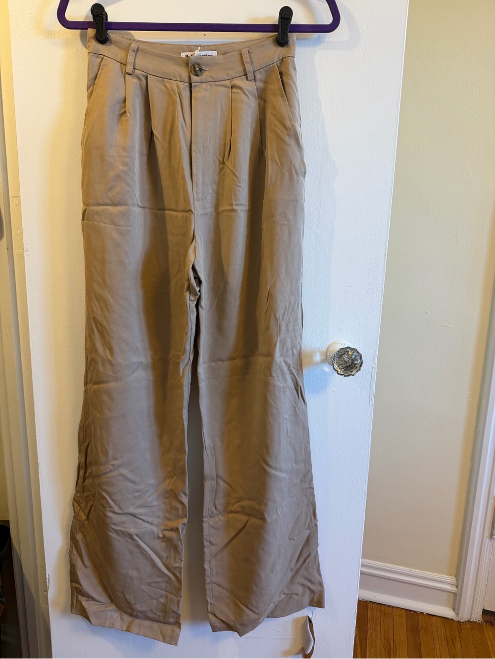 Reformation Tan Wide-Leg Pleated Chinos